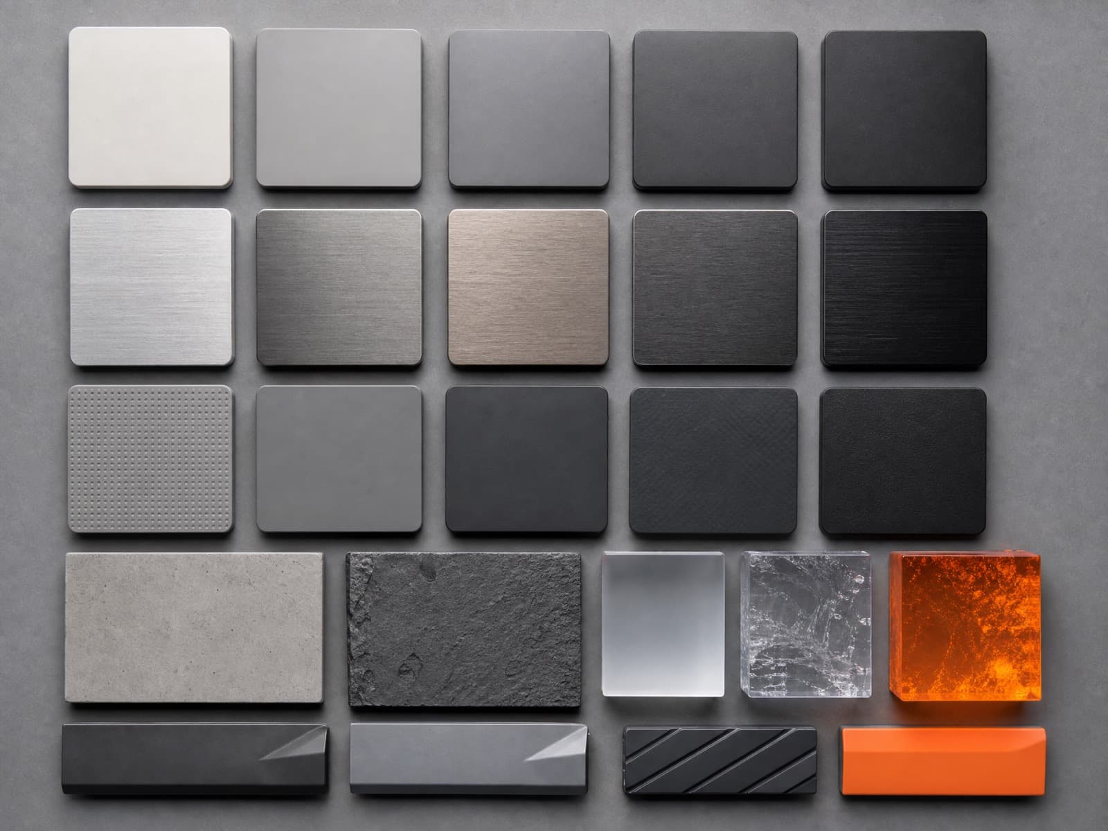 CMF colour-material-finish board with material swatches and one accent chip