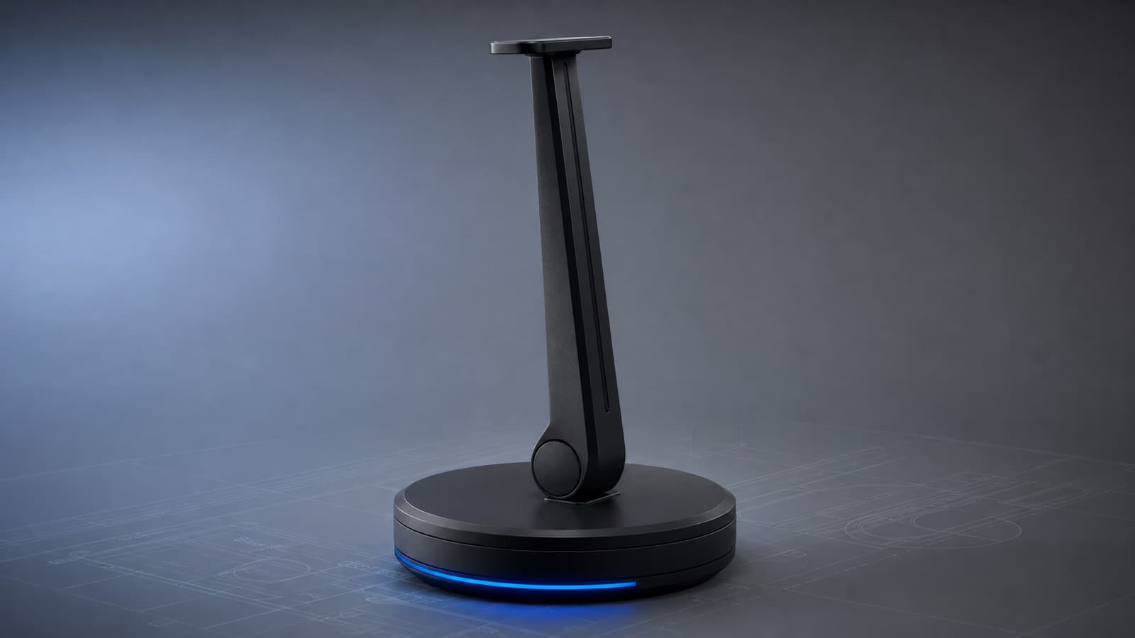 Matte graphite desk-lamp base concept rendered on a studio turntable with an electric-blue rim light